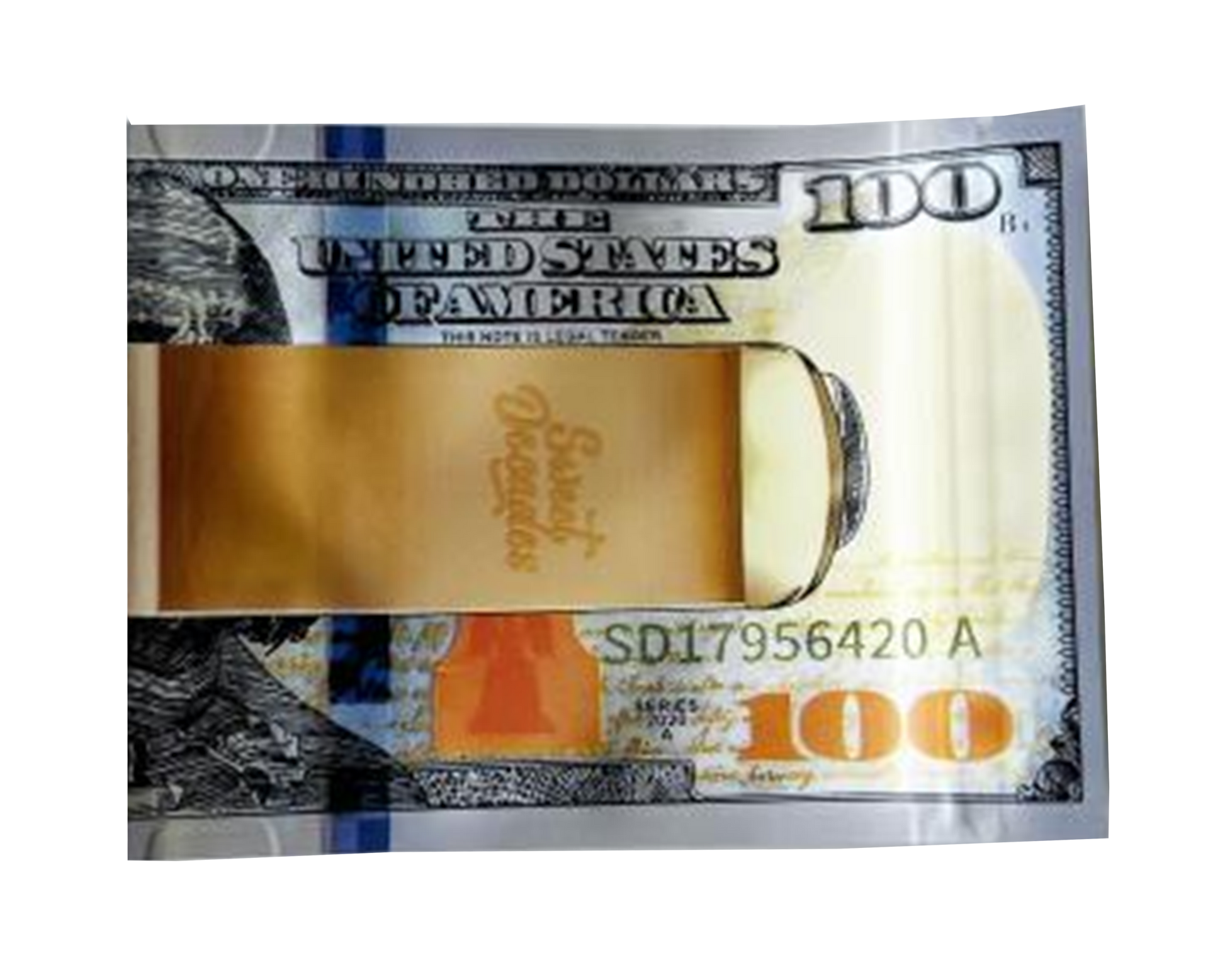 Money Mylar bag 3.5g, herb Mylar Bags, Where to buy mylar bags, Custom mylar bags near me, Mylar Bags Wholesale. Gold beer mug with 'DeWitts' branding on a printed $100 bill background