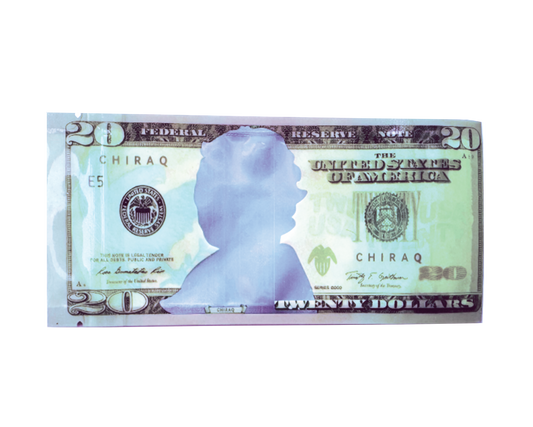 Money Mylar bag 3.5g, herb Mylar Bags, Where to buy mylar bags, Custom mylar bags near me, Mylar Bags Wholesale. False 20-dollar bill with a blue silhouette of a person on a white background