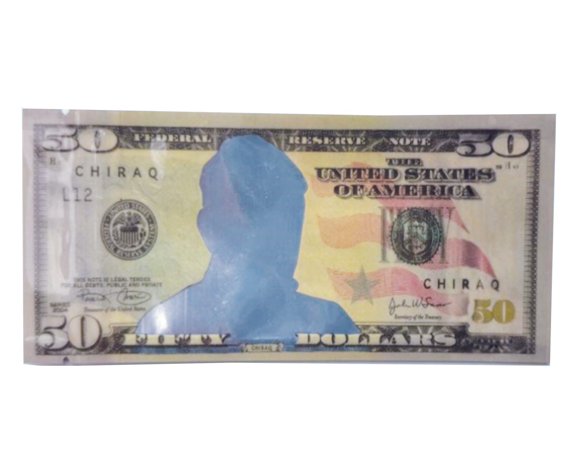 Money Mylar bag 3.5g, herb Mylar Bags, Where to buy mylar bags, Custom mylar bags near me, Mylar Bags Wholesale. Faux dollar bill with a blue silhouette of a head and 'Chiraq' text on a white background