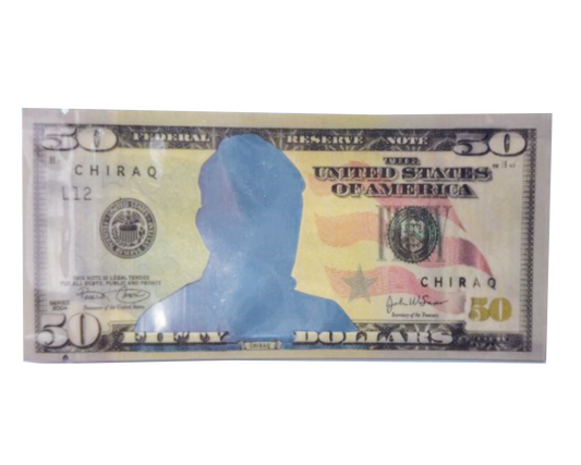 Money Mylar bag 3.5g, herb Mylar Bags, Where to buy mylar bags, Custom mylar bags near me, Mylar Bags Wholesale. Faux dollar bill with a blue silhouette of a head and 'Chiraq' text on a white background