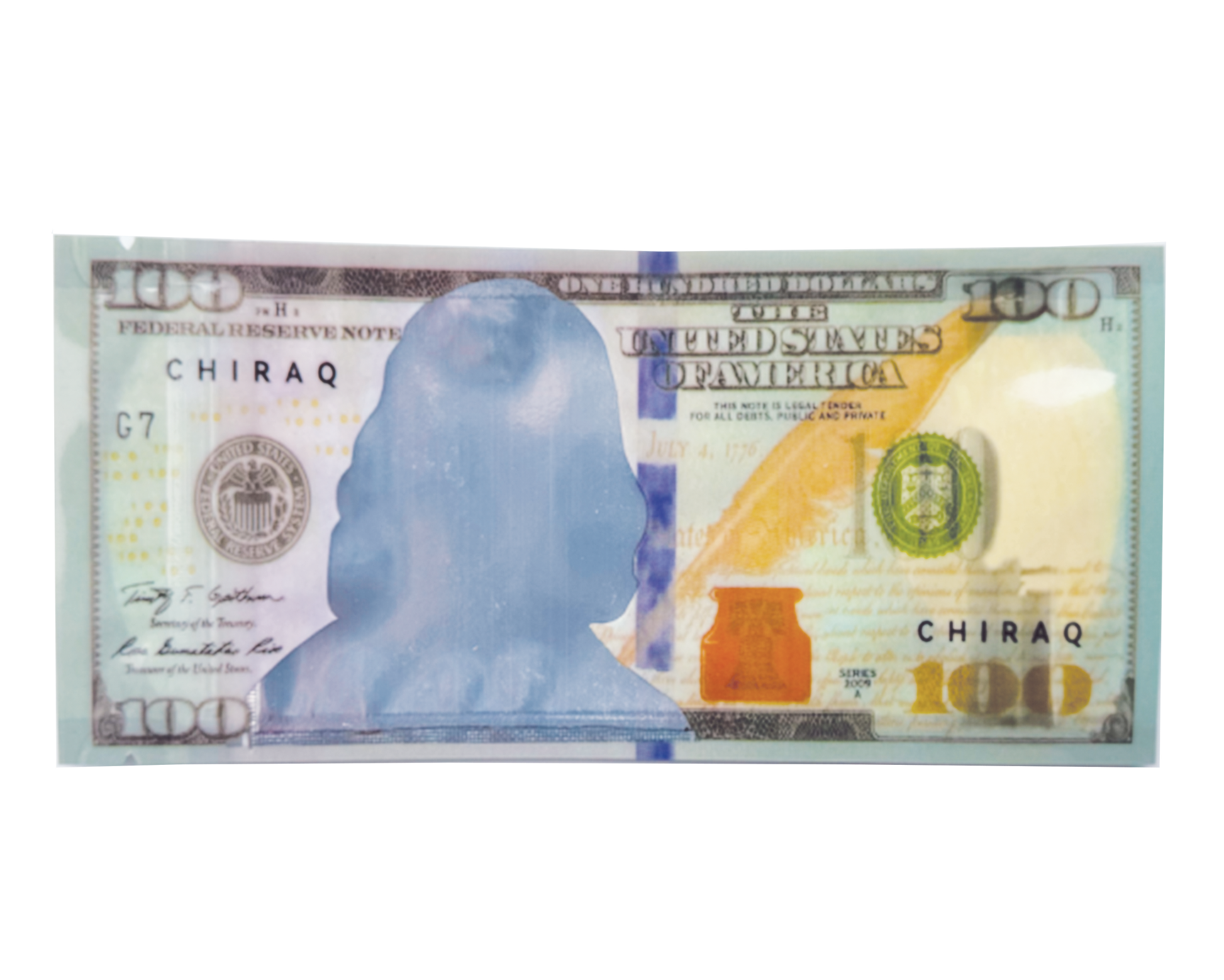 Money Mylar bag 3.5g, herb Mylar Bags, Where to buy mylar bags, Custom mylar bags near me, Mylar Bags Wholesale. 100-dollar bill with 'Chiraq' printed on it