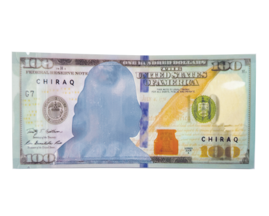 Money Mylar bag 3.5g, herb Mylar Bags, Where to buy mylar bags, Custom mylar bags near me, Mylar Bags Wholesale. 100-dollar bill with 'Chiraq' printed on it