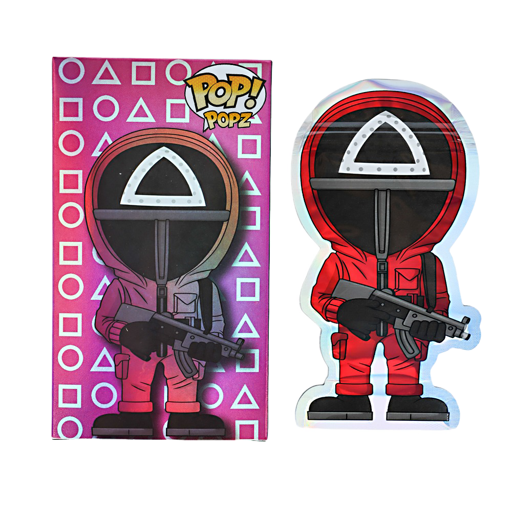 Mylar Bag Pop! Vinyl figure packaging with a character in red suit and helmet on a pink background