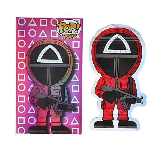 Mylar Bag Pop! Vinyl figure packaging with a character in red suit and helmet on a pink background