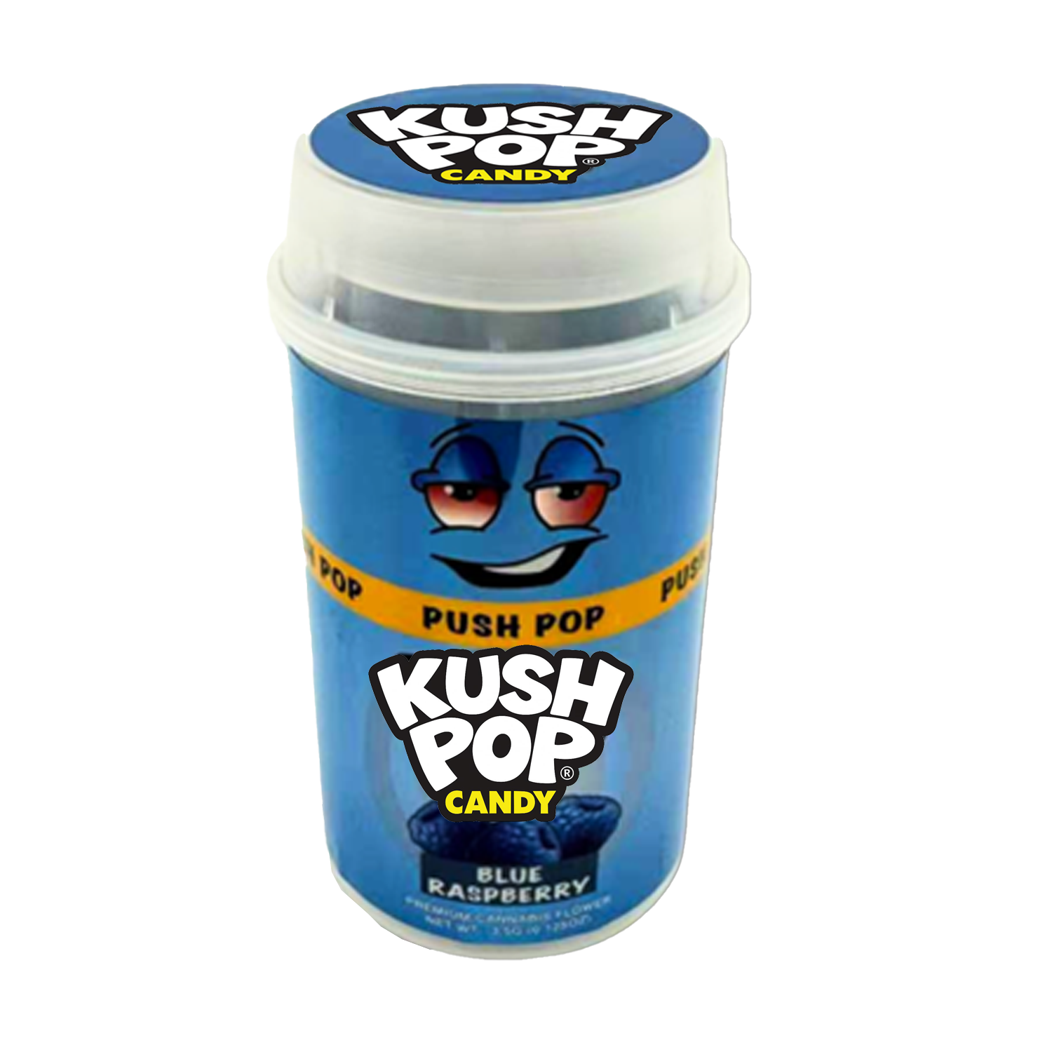 Mylar Bags, herb Mylar Bags, Where to buy mylar bags, Custom mylar bags near me, Mylar Bags Wholesale. Kush PopKush Pop candy container with blue lid and blue body on a white background