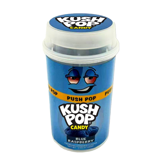 Mylar Bags, herb Mylar Bags, Where to buy mylar bags, Custom mylar bags near me, Mylar Bags Wholesale. Kush PopKush Pop candy container with blue lid and blue body on a white background