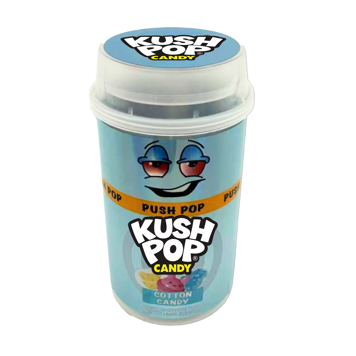 Mylar Bags, herb Mylar Bags, Where to buy mylar bags, Custom mylar bags near me, Mylar Bags Wholesale. Kush Pop Kush Pop candy container with blue lid and packaging on a white background
