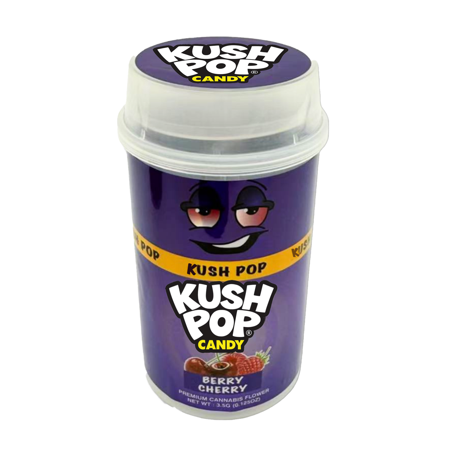 Mylar Bags, herb Mylar Bags, Where to buy mylar bags, Custom mylar bags near me, Mylar Bags Wholesale. Kush Pop Kush Pop candy container with purple label and white lid on a white background