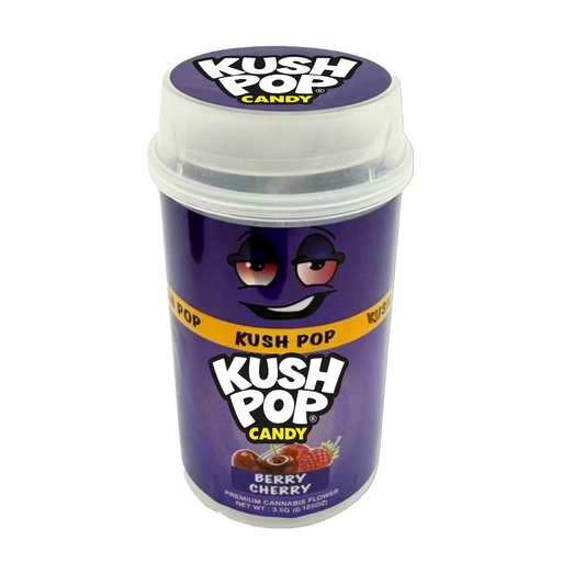 Mylar Bags, herb Mylar Bags, Where to buy mylar bags, Custom mylar bags near me, Mylar Bags Wholesale. Kush Pop Kush Pop candy container with purple label and white lid on a white background