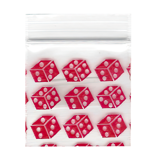 Mylar Bags, herb Mylar Bags, Where to buy mylar bags, Custom mylar bags near me, Mylar Bags Wholesale. Apple Bags. Red dice-shaped stickers on a white background