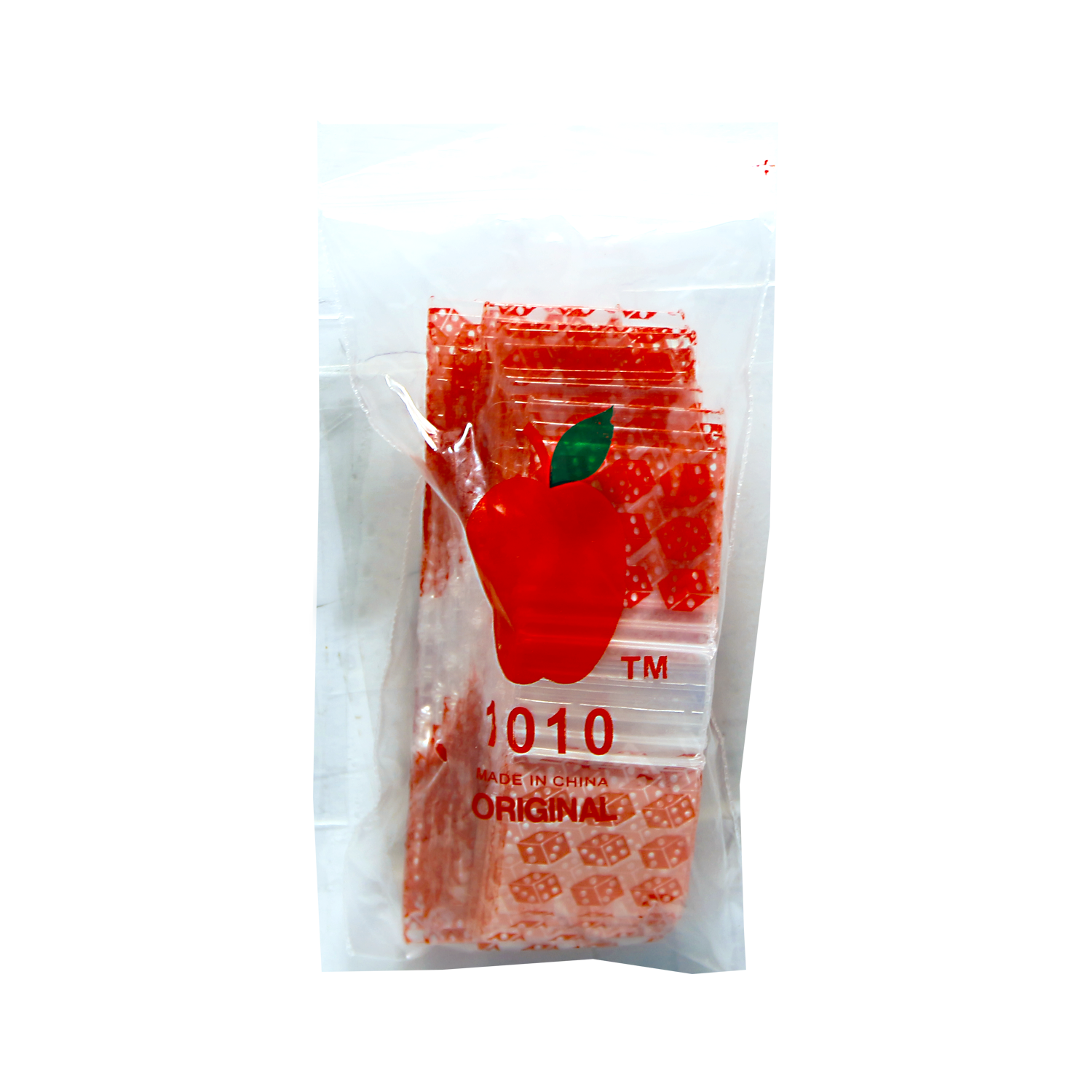Mylar Bags, herb Mylar Bags, Where to buy mylar bags, Custom mylar bags near me, Mylar Bags Wholesale. Apple Bags. Clear plastic bag with red label featuring an apple logo and text on a white background