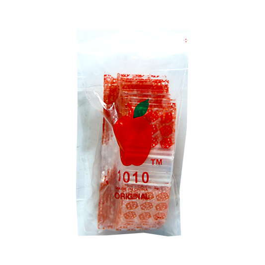 Mylar Bags, herb Mylar Bags, Where to buy mylar bags, Custom mylar bags near me, Mylar Bags Wholesale. Apple Bags. Clear plastic bag with red label featuring an apple logo and text on a white background