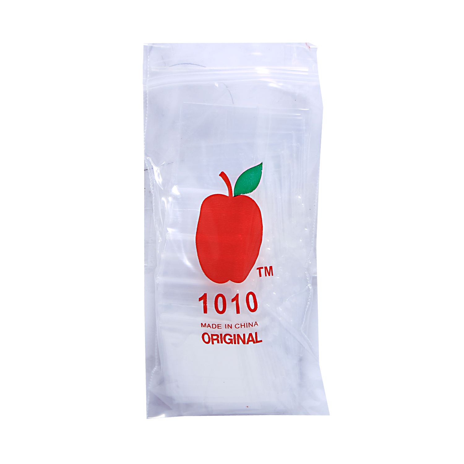Mylar Bags, herb Mylar Bags, Where to buy mylar bags, Custom mylar bags near me, Mylar Bags Wholesale. Apple Bags. White snack bag with red apple logo and '1010' text on a white background
