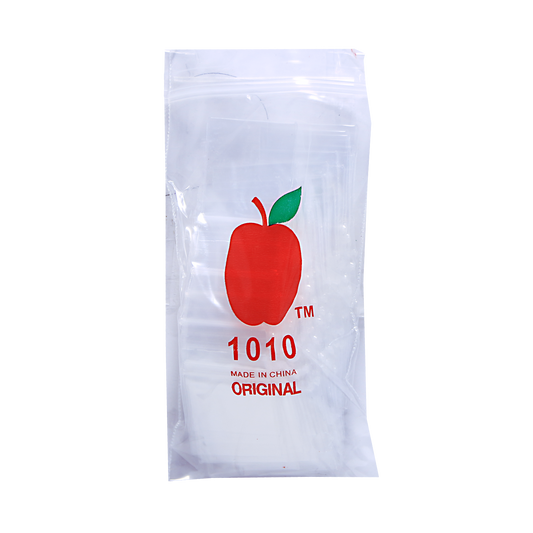 Mylar Bags, herb Mylar Bags, Where to buy mylar bags, Custom mylar bags near me, Mylar Bags Wholesale. Apple Bags. White snack bag with red apple logo and '1010' text on a white background