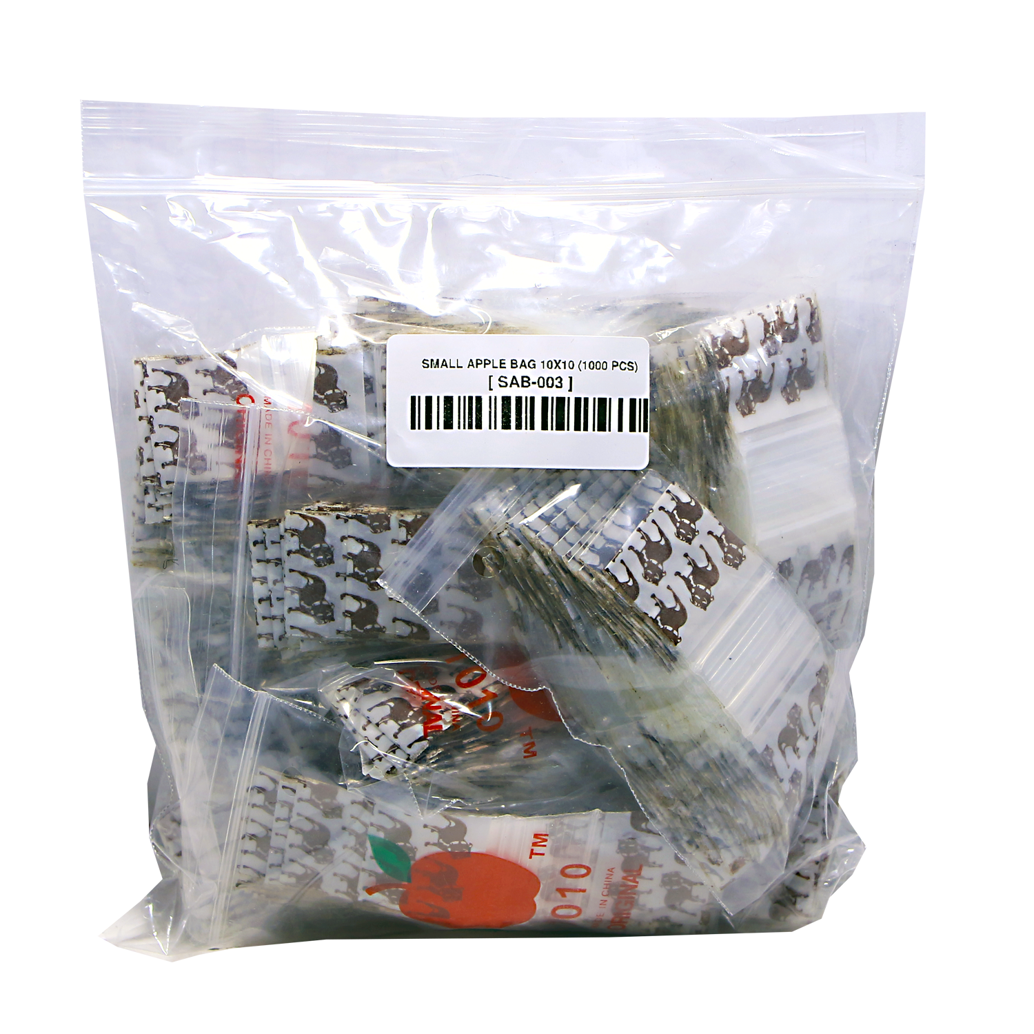Mylar Bags, herb Mylar Bags, Where to buy mylar bags, Custom mylar bags near me, Mylar Bags Wholesale. Apple Bags. Clear plastic bag with small apple-shaped packages and a label on a white background