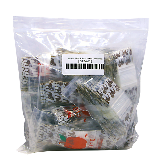 Mylar Bags, herb Mylar Bags, Where to buy mylar bags, Custom mylar bags near me, Mylar Bags Wholesale. Apple Bags. Clear plastic bag with small apple-shaped packages and a label on a white background