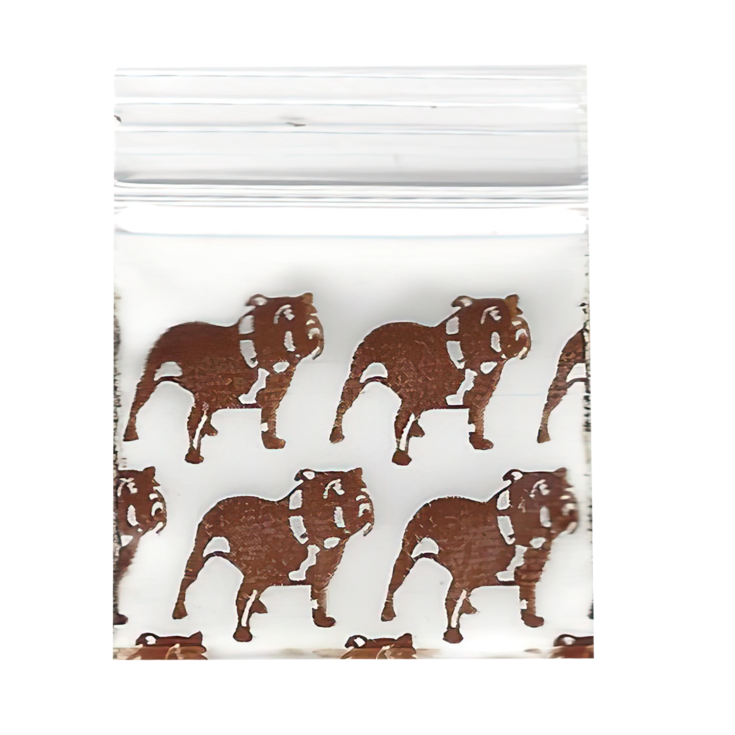 Mylar Bags, herb Mylar Bags, Where to buy mylar bags, Custom mylar bags near me, Mylar Bags Wholesale. Apple Bags. Clear plastic bag with brown bulldog pattern on a white background