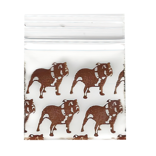Mylar Bags, herb Mylar Bags, Where to buy mylar bags, Custom mylar bags near me, Mylar Bags Wholesale. Apple Bags. Clear plastic bag with brown bulldog pattern on a white background