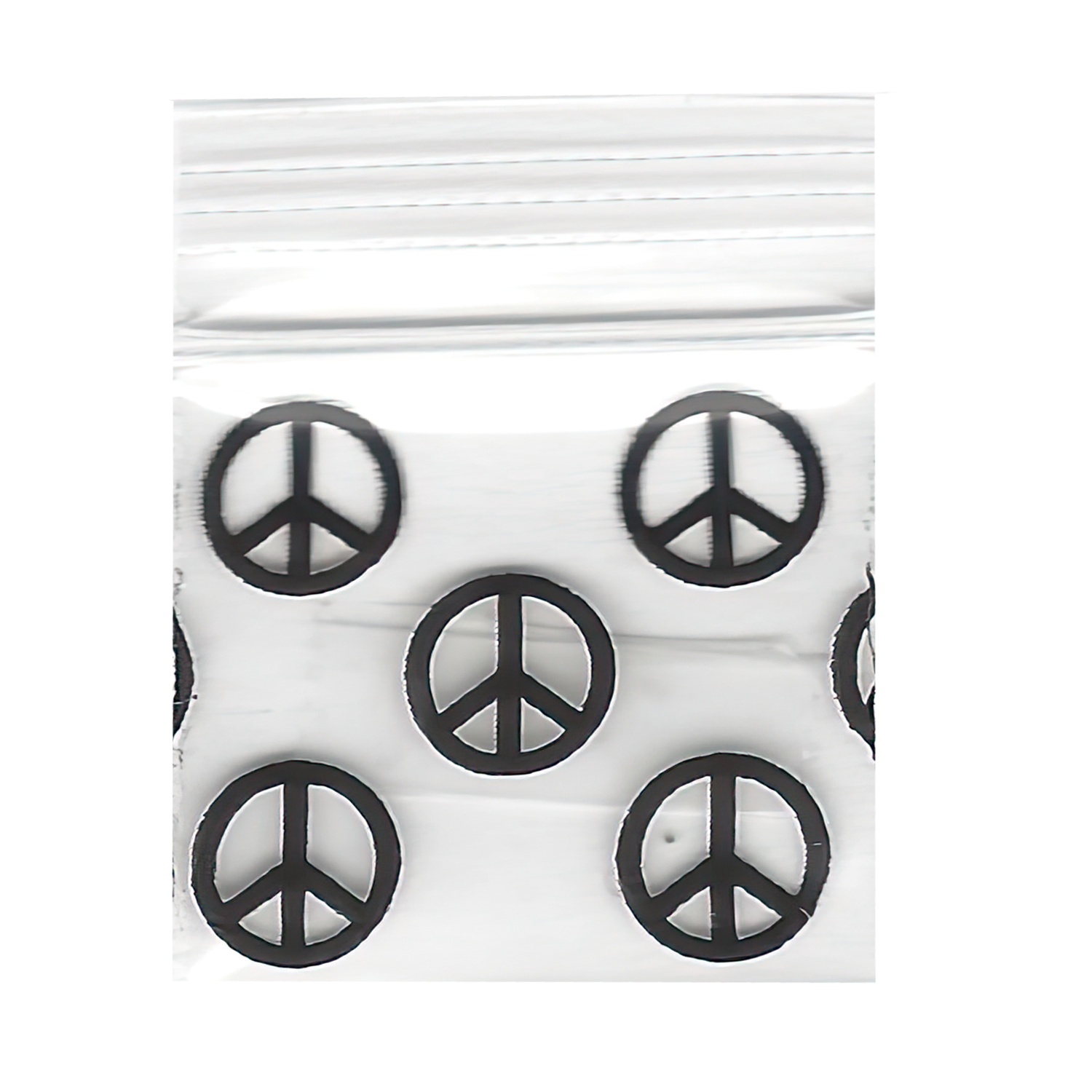 Mylar Bags, herb Mylar Bags, Where to buy mylar bags, Custom mylar bags near me, Mylar Bags Wholesale. Apple Bags. Black peace symbol stickers in a clear plastic bag on a white background
