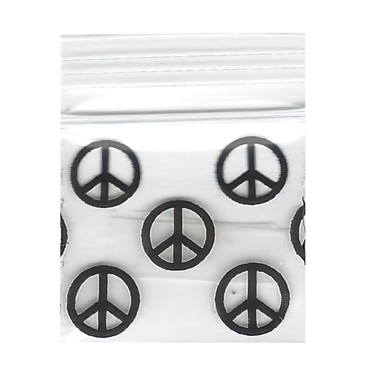 Mylar Bags, herb Mylar Bags, Where to buy mylar bags, Custom mylar bags near me, Mylar Bags Wholesale. Apple Bags. Black peace symbol stickers in a clear plastic bag on a white background