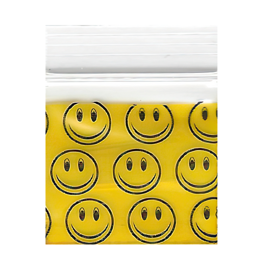 Mylar Bags, herb Mylar Bags, Where to buy mylar bags, Custom mylar bags near me, Mylar Bags Wholesale. Apple Bags. Yellow plastic bag with smiley face pattern on a white background