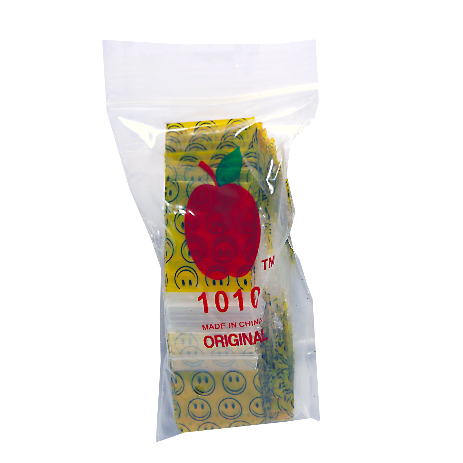 Mylar Bags, herb Mylar Bags, Where to buy mylar bags, Custom mylar bags near me, Mylar Bags Wholesale. Apple Bags. Packaged product with a colorful label featuring an apple and smiley faces on a white background.