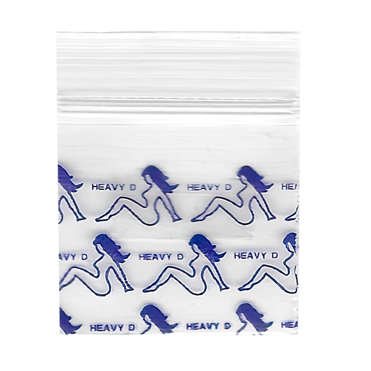 Mylar Bags, herb Mylar Bags, Where to buy mylar bags, Custom mylar bags near me, Mylar Bags Wholesale. Apple Bags. Clear plastic bag with blue graphics and 'Heavy D' text on a white background