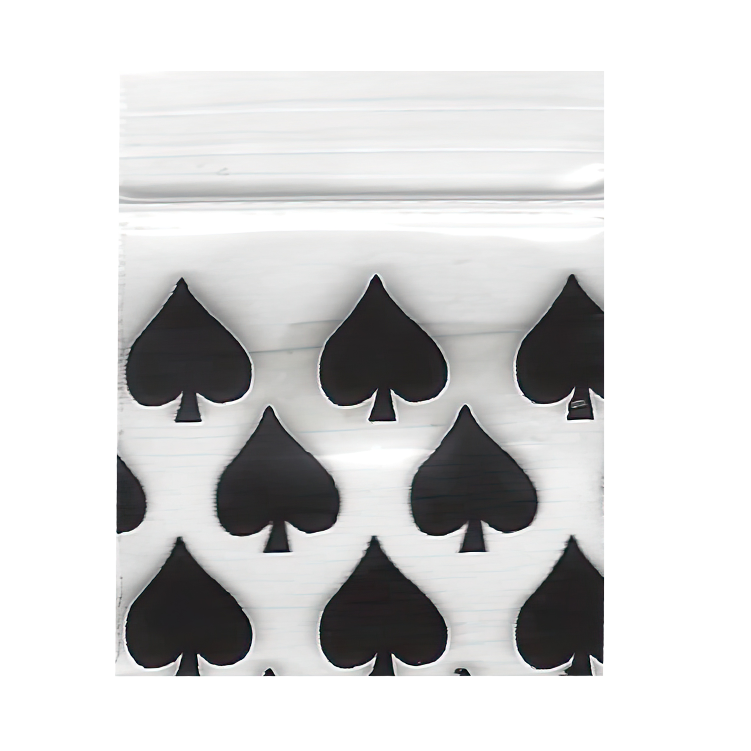 Mylar Bags, herb Mylar Bags, Where to buy mylar bags, Custom mylar bags near me, Mylar Bags Wholesale. Apple Bags. White ziplock bag with black spade pattern on a white background
