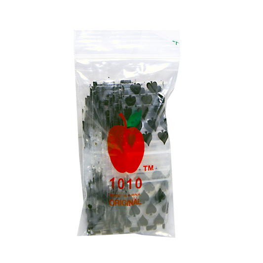 Mylar Bags, herb Mylar Bags, Where to buy mylar bags, Custom mylar bags near me, Mylar Bags Wholesale. Apple Bags. Bag of black pens with a red apple logo and '1010' text on a white background