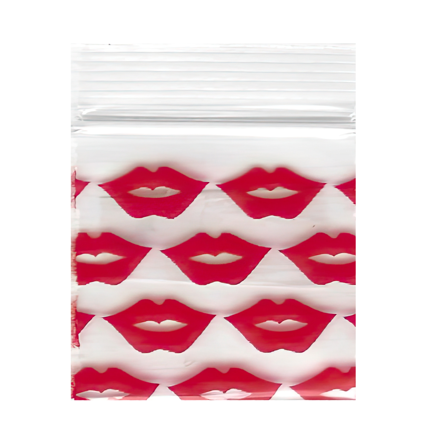 Mylar Bags, herb Mylar Bags, Where to buy mylar bags, Custom mylar bags near me, Mylar Bags Wholesale. Apple Bags. Clear plastic bag with red and white lip pattern on a white background