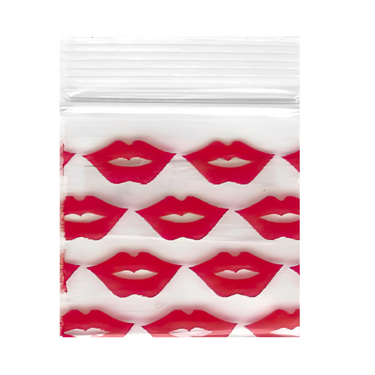 Mylar Bags, herb Mylar Bags, Where to buy mylar bags, Custom mylar bags near me, Mylar Bags Wholesale. Apple Bags. Clear plastic bag with red and white lip pattern on a white background
