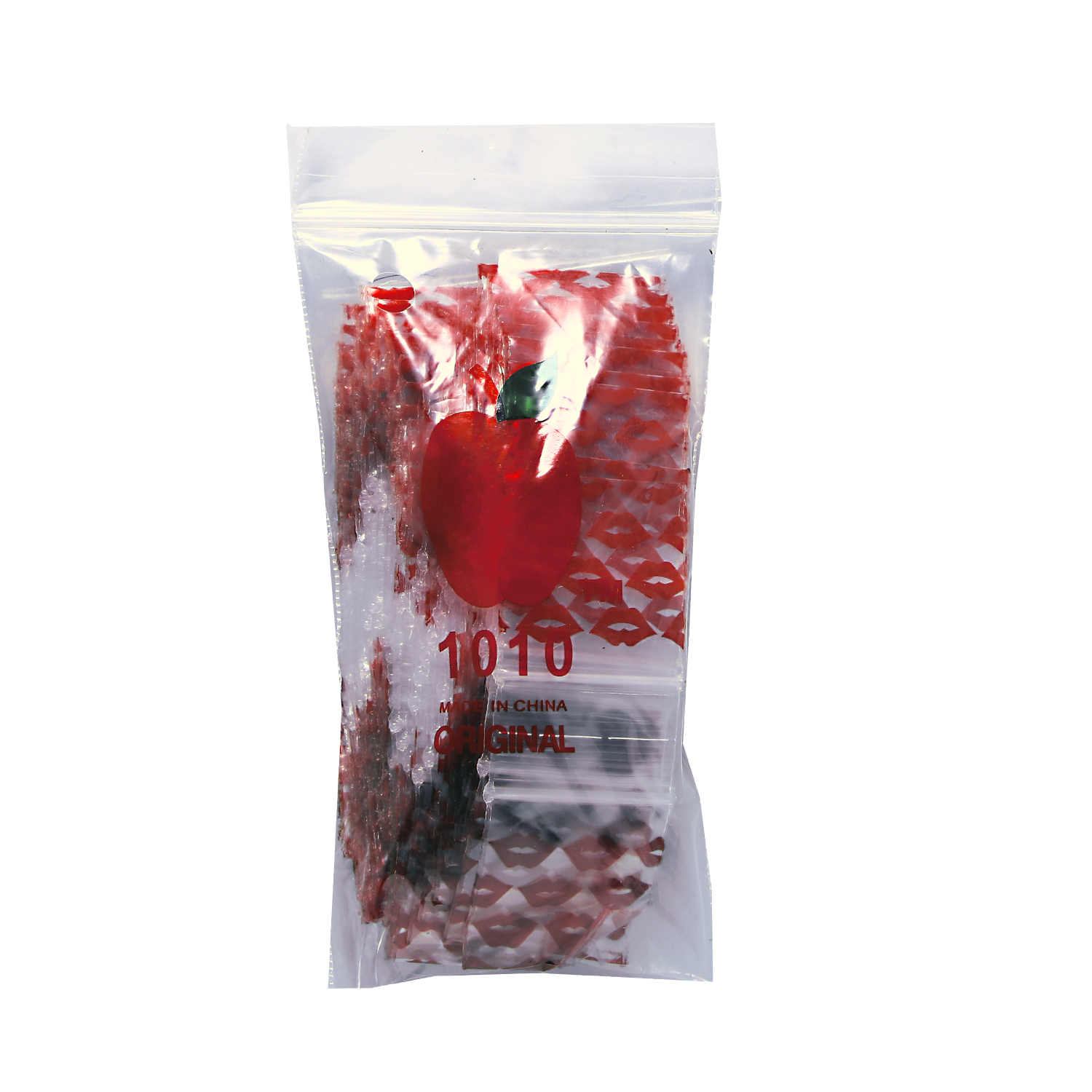 Mylar Bags, herb Mylar Bags, Where to buy mylar bags, Custom mylar bags near me, Mylar Bags Wholesale. Apple Bags. Clear plastic bag with red peppers and visible brand name on a white background