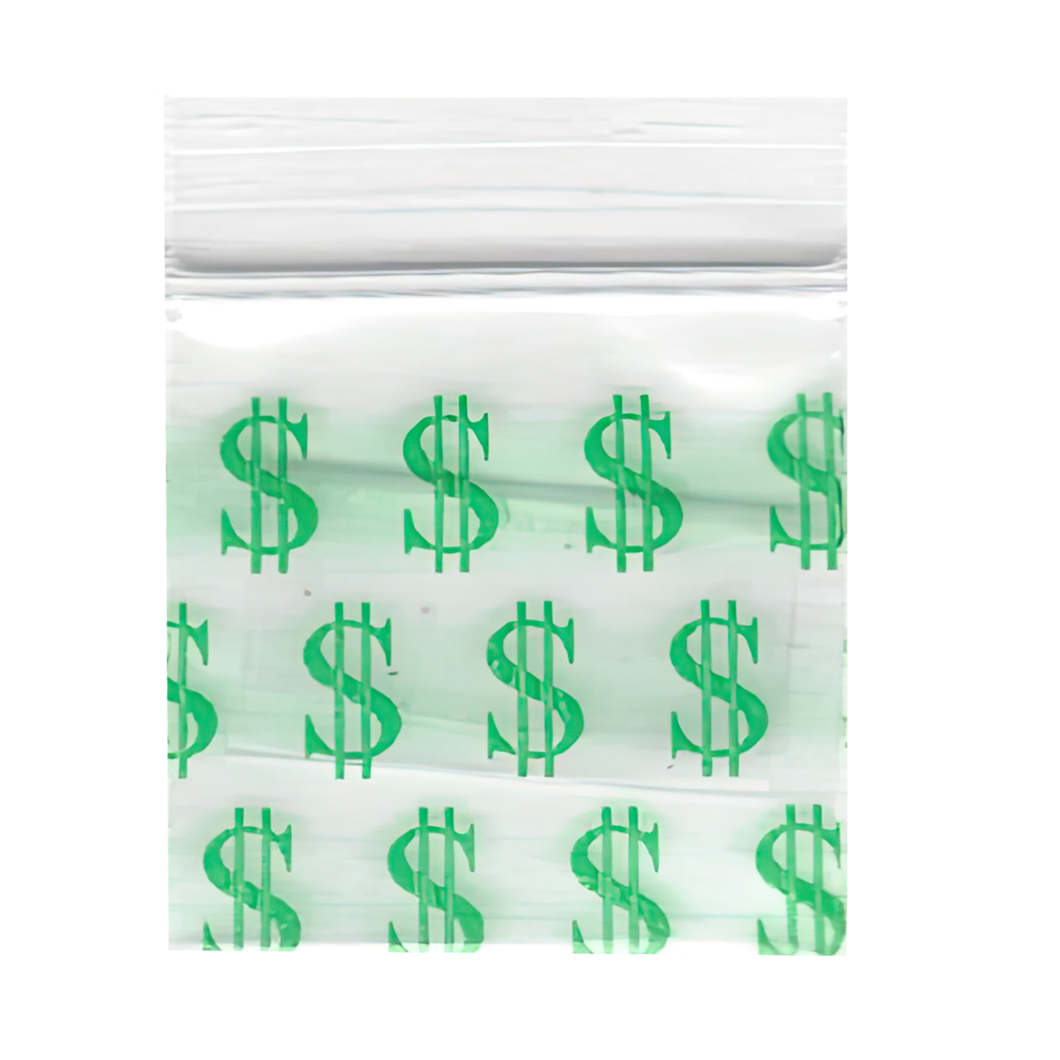 Mylar Bags, herb Mylar Bags, Where to buy mylar bags, Custom mylar bags near me, Mylar Bags Wholesale. Apple Bags. Clear plastic bag with green dollar sign pattern on a white background