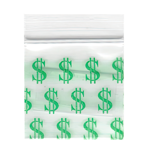 Mylar Bags, herb Mylar Bags, Where to buy mylar bags, Custom mylar bags near me, Mylar Bags Wholesale. Apple Bags. Clear plastic bag with green dollar sign pattern on a white background