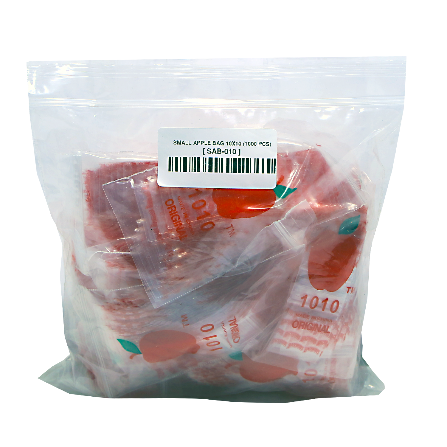 Mylar Bags, herb Mylar Bags, Where to buy mylar bags, Custom mylar bags near me, Mylar Bags Wholesale. Apple Bags. Clear plastic bag with small apple-shaped bags inside and a barcode label on a white background