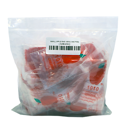 Mylar Bags, herb Mylar Bags, Where to buy mylar bags, Custom mylar bags near me, Mylar Bags Wholesale. Apple Bags. Clear plastic bag with small apple-shaped bags inside and a barcode label on a white background