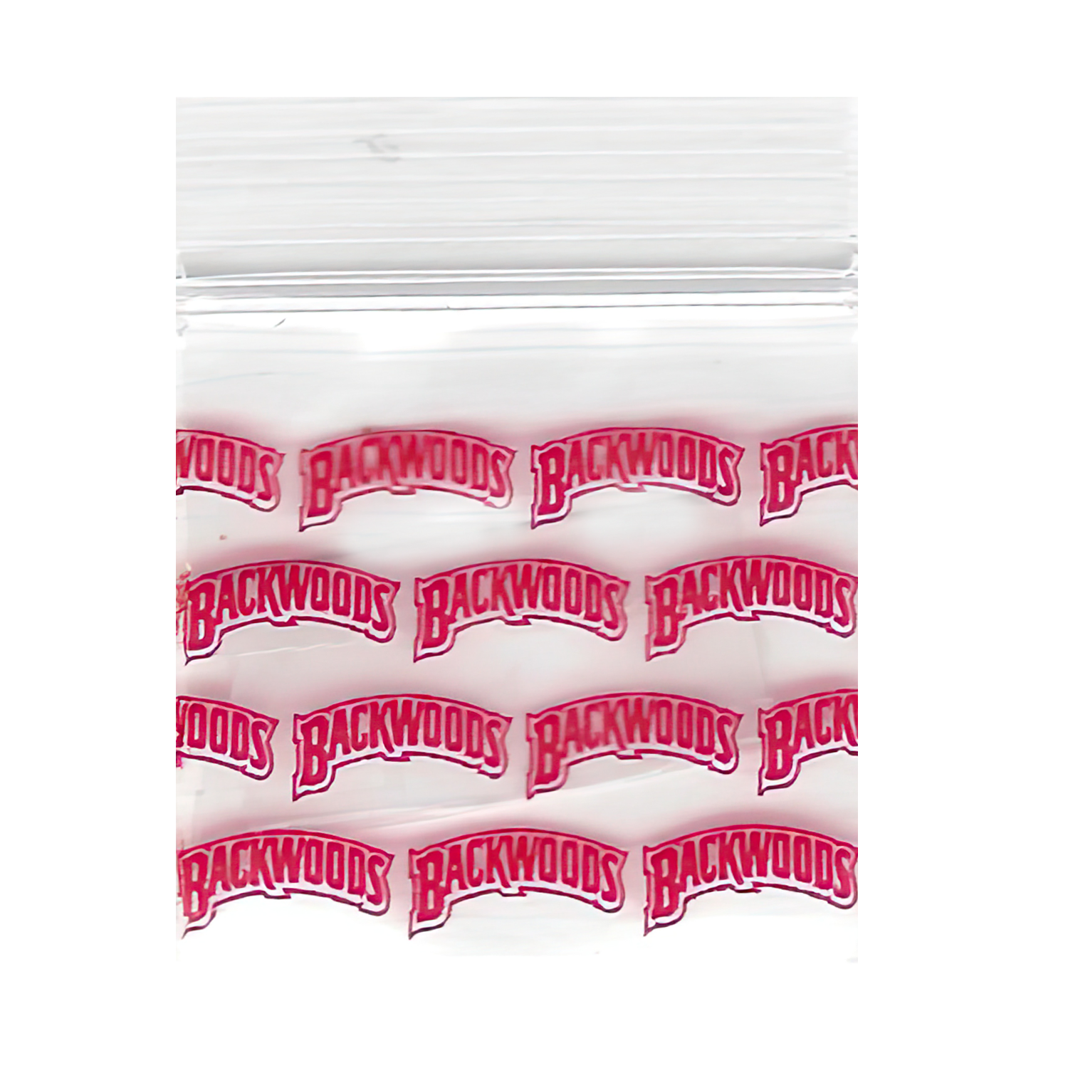 Mylar Bags, herb Mylar Bags, Where to buy mylar bags, Custom mylar bags near me, Mylar Bags Wholesale. Apple Bags. Clear plastic bag with red 'Backwoods' text on a white background