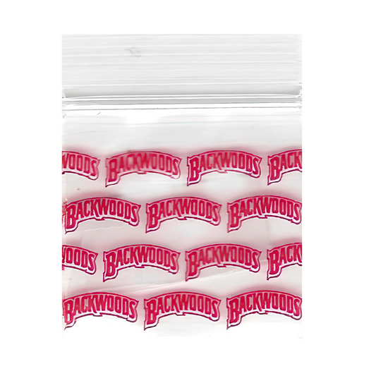Mylar Bags, herb Mylar Bags, Where to buy mylar bags, Custom mylar bags near me, Mylar Bags Wholesale. Apple Bags. Clear plastic bag with red 'Backwoods' text on a white background