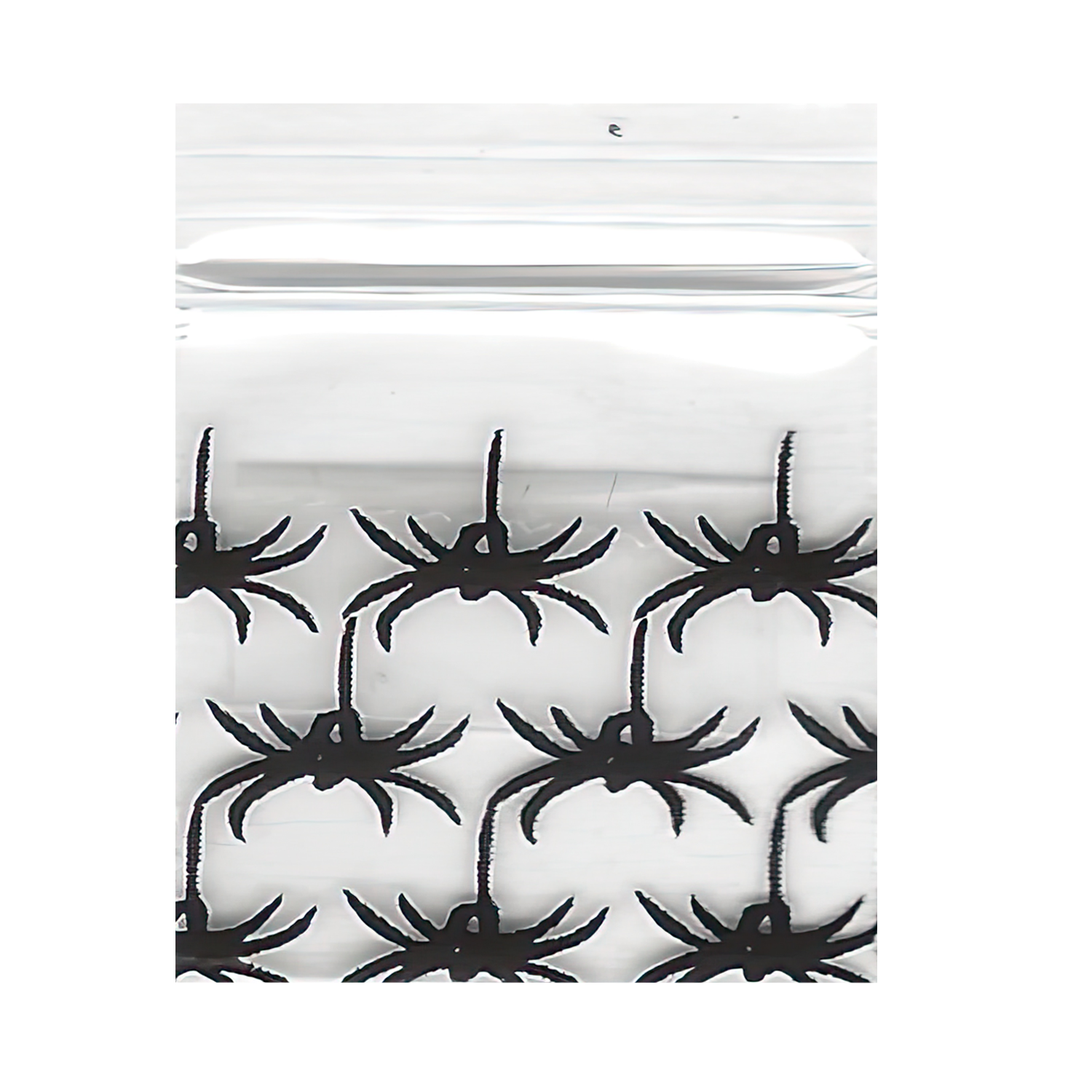 Mylar Bags, herb Mylar Bags, Where to buy mylar bags, Custom mylar bags near me, Mylar Bags Wholesale. Apple Bags. Clear plastic bag with black spider pattern on a white background
