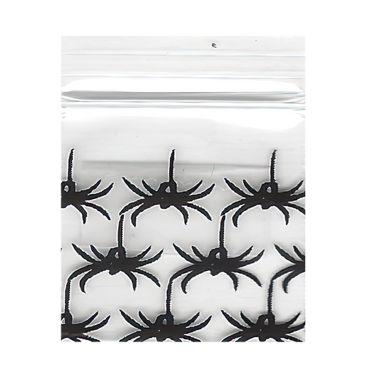 Mylar Bags, herb Mylar Bags, Where to buy mylar bags, Custom mylar bags near me, Mylar Bags Wholesale. Apple Bags. Clear plastic bag with black spider pattern on a white background