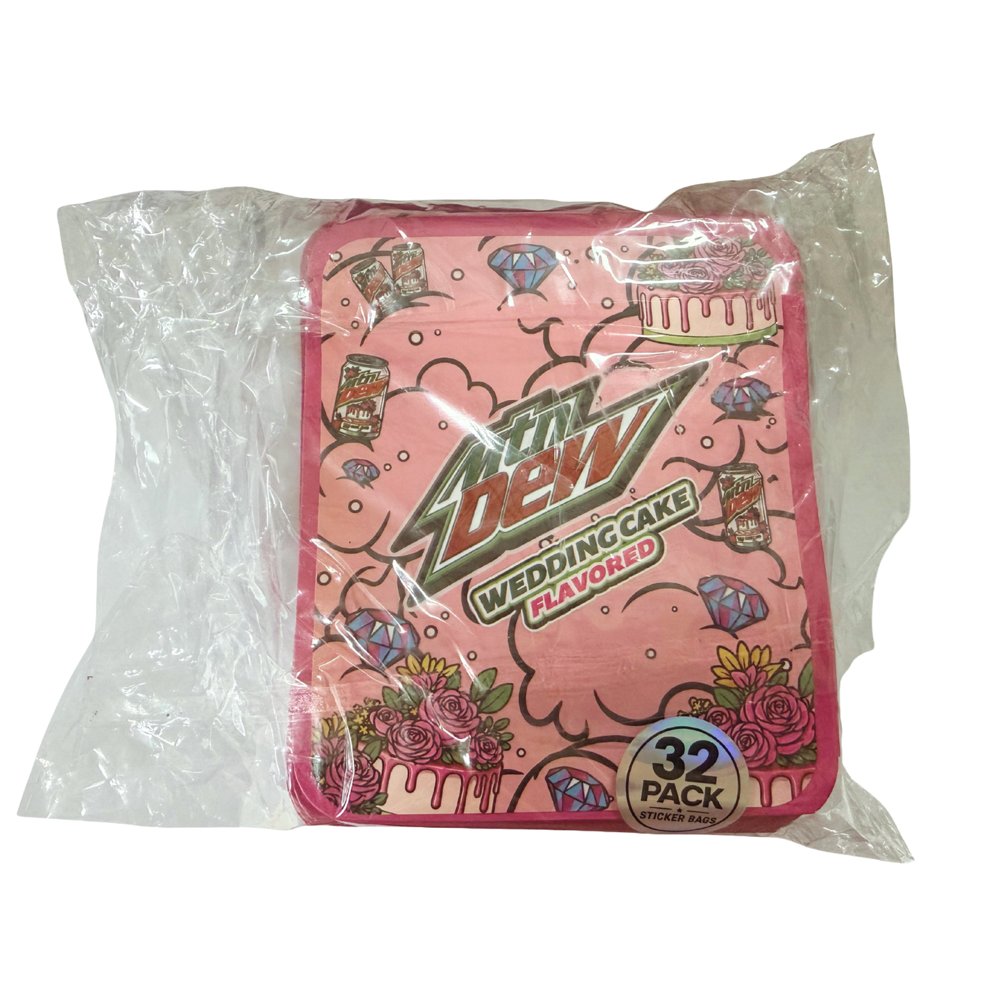 32 Pack - 7g Thick Sticker Mylar Bags - Premium Smell Proof Packaging - Mtn Dew Wedding Cake