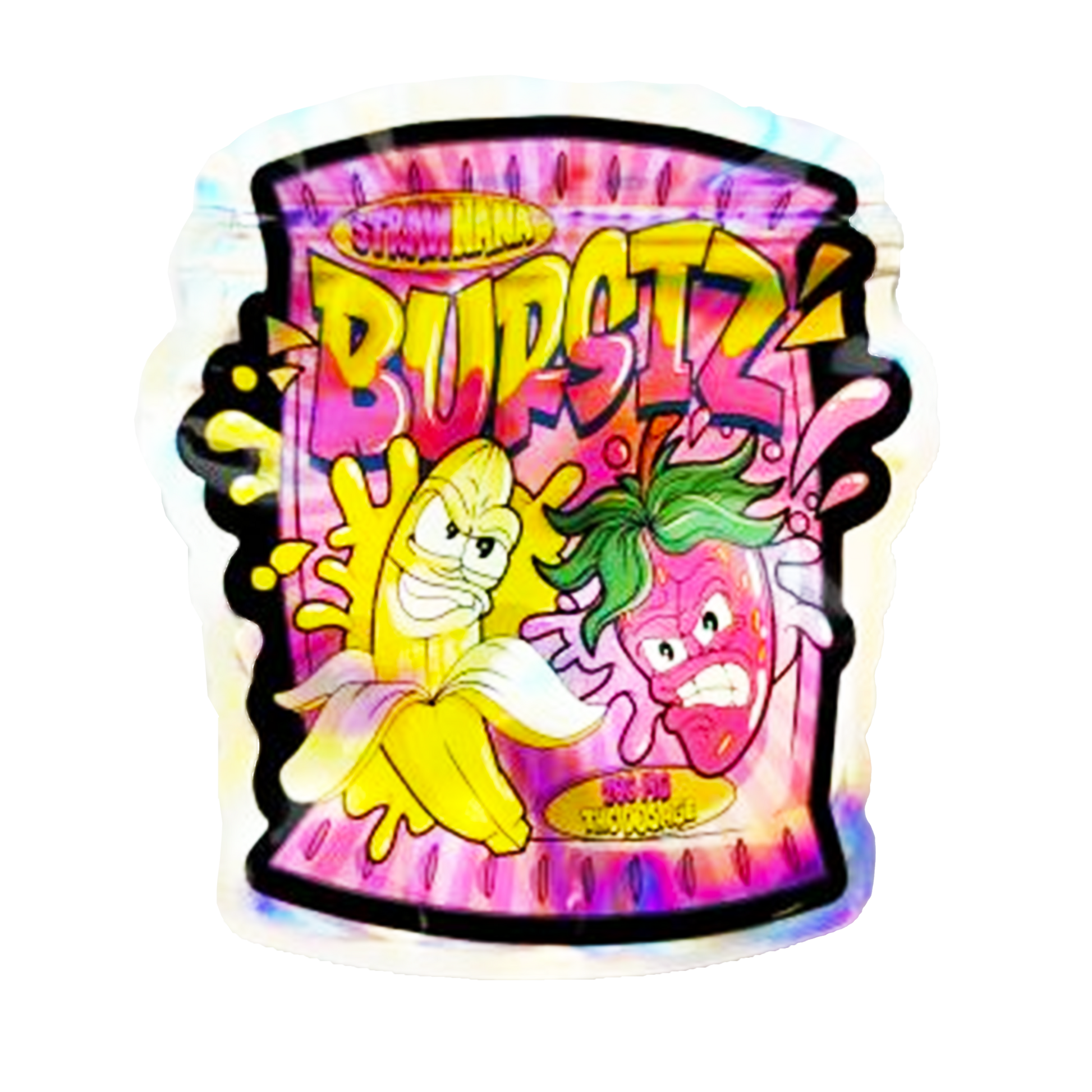 Mylar bag 3.5g, herb Mylar Bags, Where to buy mylar bags, Custom mylar bags near me, Mylar Bags Wholesale. Colorful container with cartoon characters and 'Burstz' branding on a white background