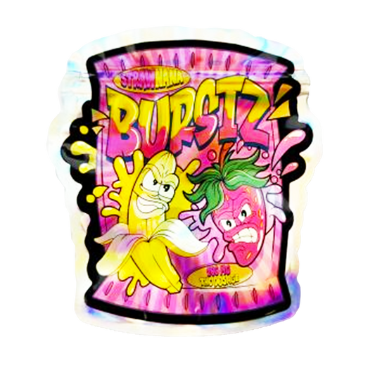 Mylar bag 3.5g, herb Mylar Bags, Where to buy mylar bags, Custom mylar bags near me, Mylar Bags Wholesale. Colorful container with cartoon characters and 'Burstz' branding on a white background