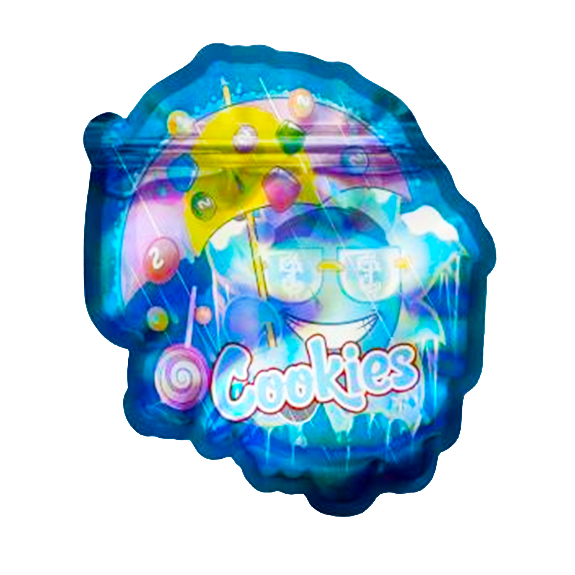 Mylar bag 3.5g, herb Mylar Bags, Where to buy mylar bags, Custom mylar bags near me, Mylar Bags Wholesale. Colorful balloon with a cartoon character and 'Cookies' text on a white background