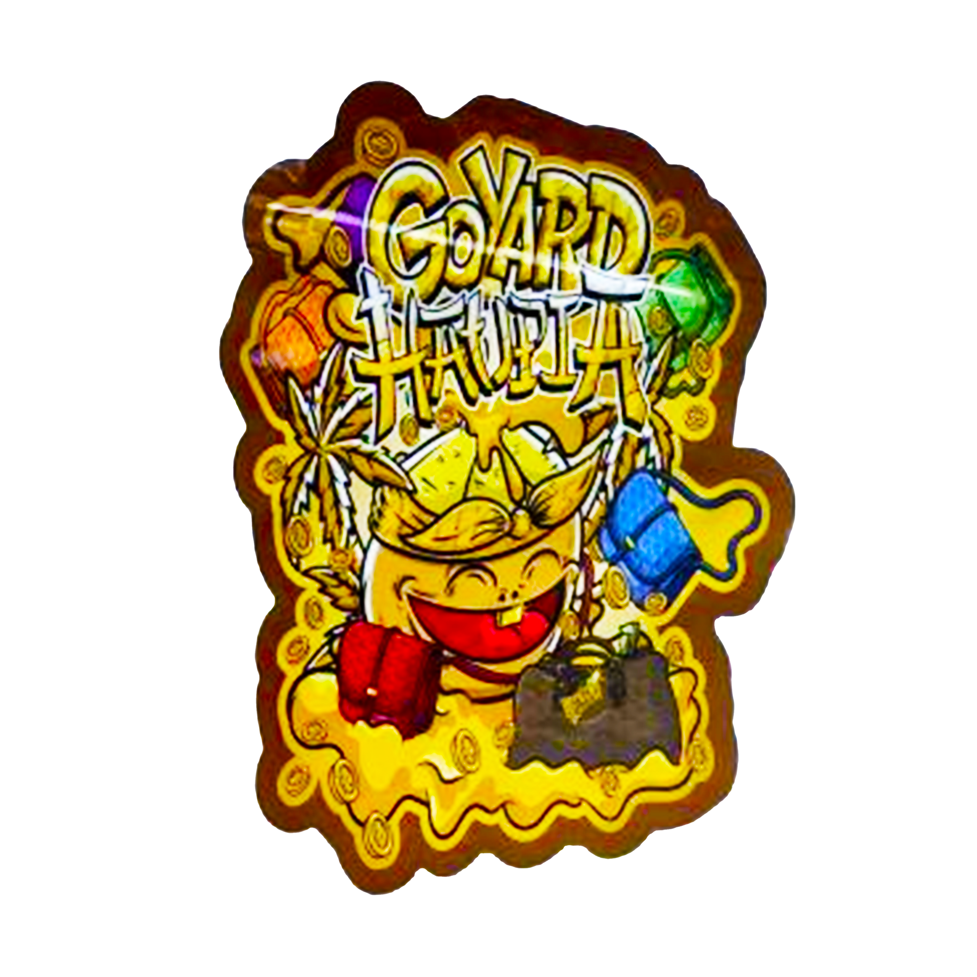Mylar bag 3.5g, herb Mylar Bags, Where to buy mylar bags, Custom mylar bags near me, Mylar Bags Wholesale. Colorful character with text 'GOYARD HAUZA' on a white background