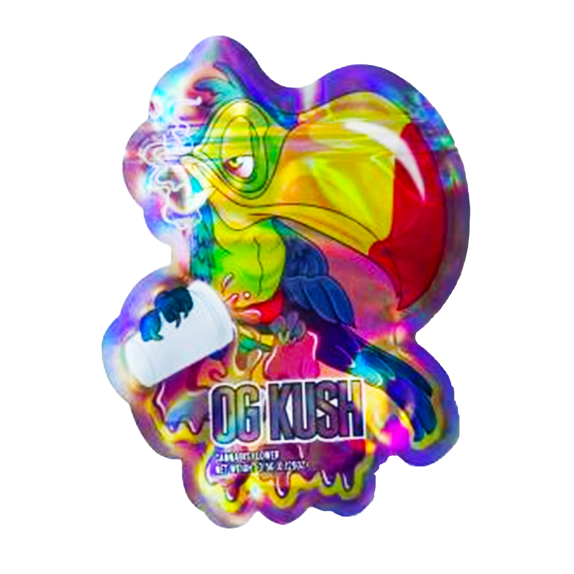 Mylar bag 3.5g, herb Mylar Bags, Where to buy mylar bags, Custom mylar bags near me, Mylar Bags Wholesale. Colorful 'OG Kush' product packaging with a cartoon character on a white background