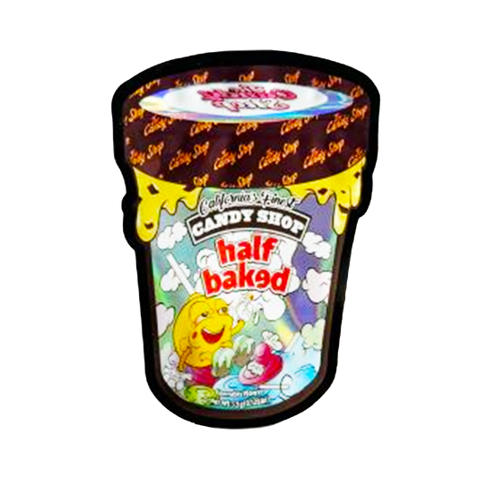 Mylar bag 3.5g, herb Mylar Bags, Where to buy mylar bags, Custom mylar bags near me, Mylar Bags Wholesale. Ice cream container with 'Half Baked' branding on a white background