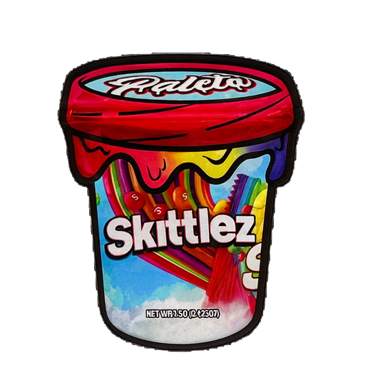 Mylar Bags  Colorful toy shaped like a Skittlez candy container on a white background