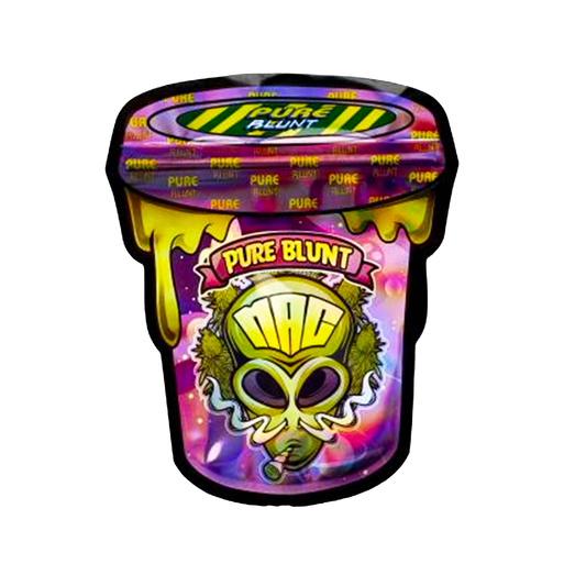Mylar bag 3.5g, herb Mylar Bags, Where to buy mylar bags, Custom mylar bags near me, Mylar Bags Wholesale. Colorful container of Pure Blunt with alien design on a white background