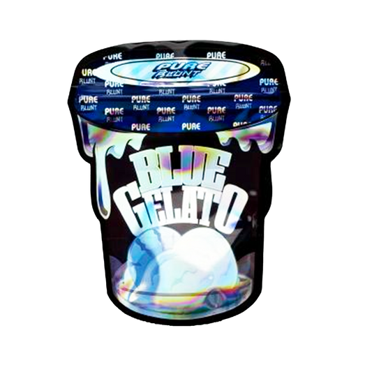 Mylar bag 3.5g, herb Mylar Bags, Where to buy mylar bags, Custom mylar bags near me, Mylar Bags Wholesale. Black container of 'Blue Gelato' with 'Pure' branding on a white background